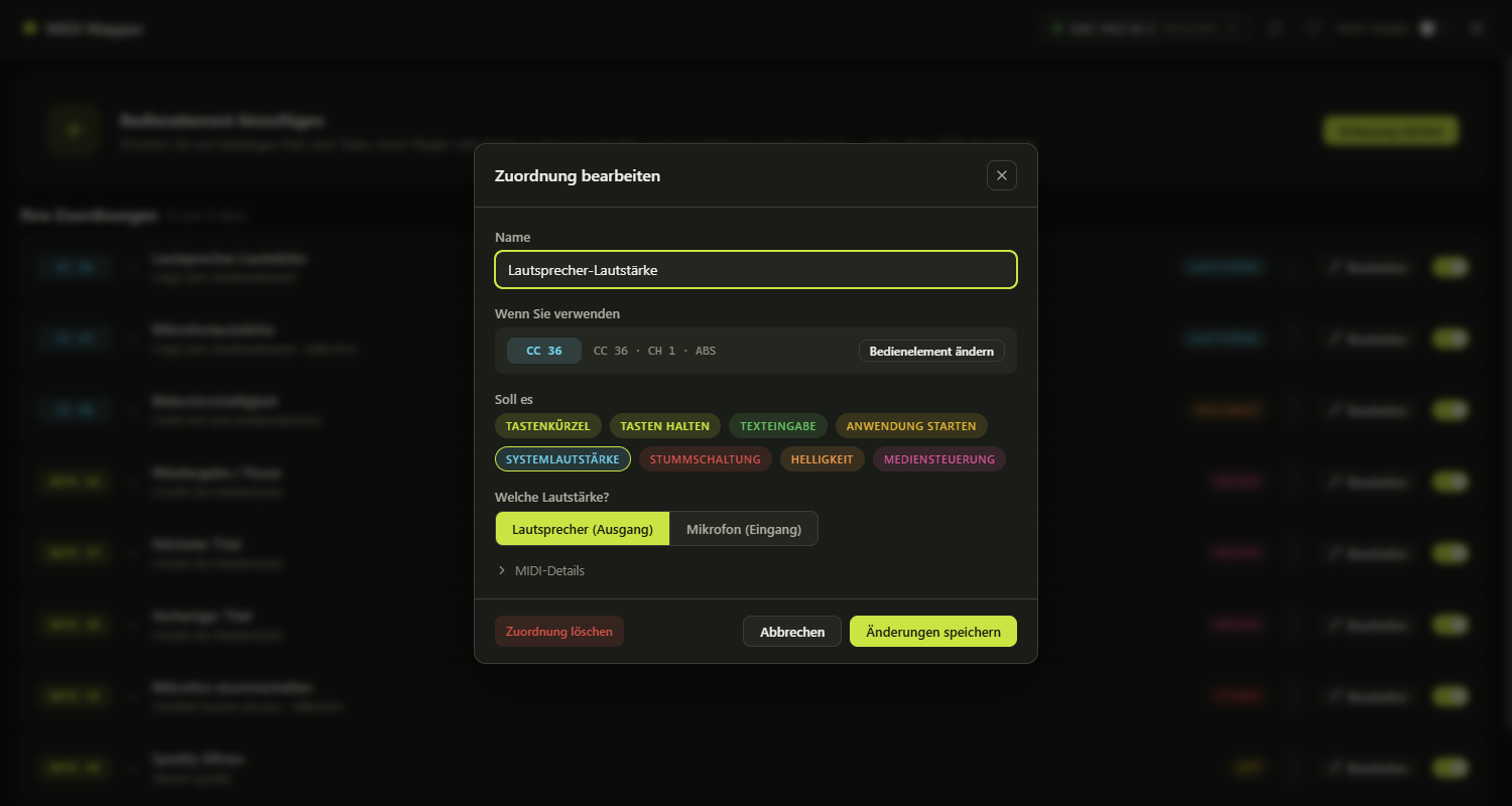Der Zuordnungs-Editor: Namensfeld, das Bedienelement, auf das die Zuordnung reagiert, Aktionstypen als auswählbare Pillen und eingeklappte MIDI-Details