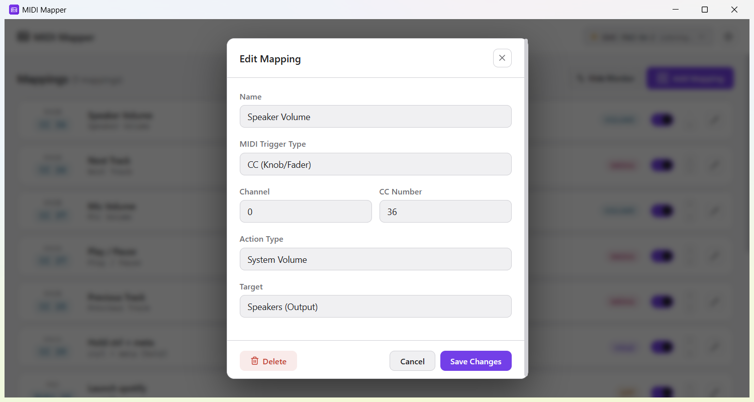Mapping Editor dialog showing fields for name, MIDI trigger type, channel, CC number, action type, and target