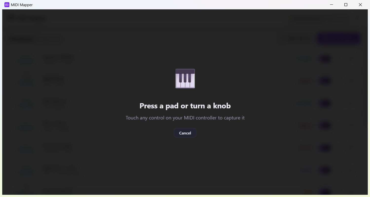 Learn Mode wizard prompting to press a pad or turn a knob on the MIDI controller