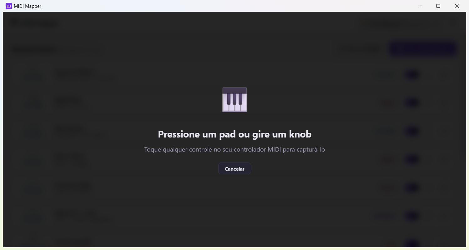 Assistente do Modo Aprendizado pedindo para pressionar um pad ou girar um knob no controlador MIDI