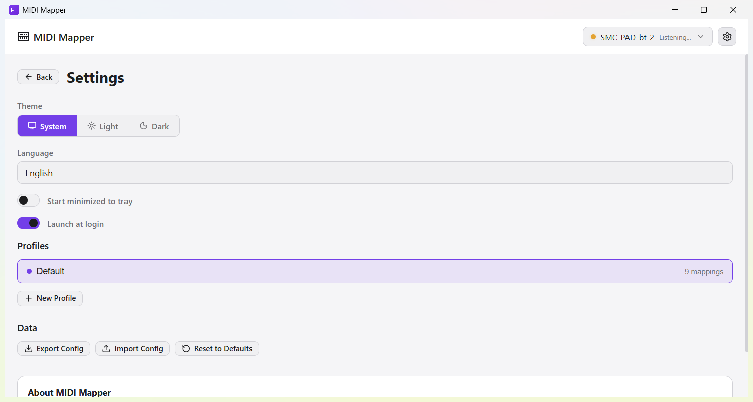 Settings view showing theme selection, language picker, profiles management, and data export options